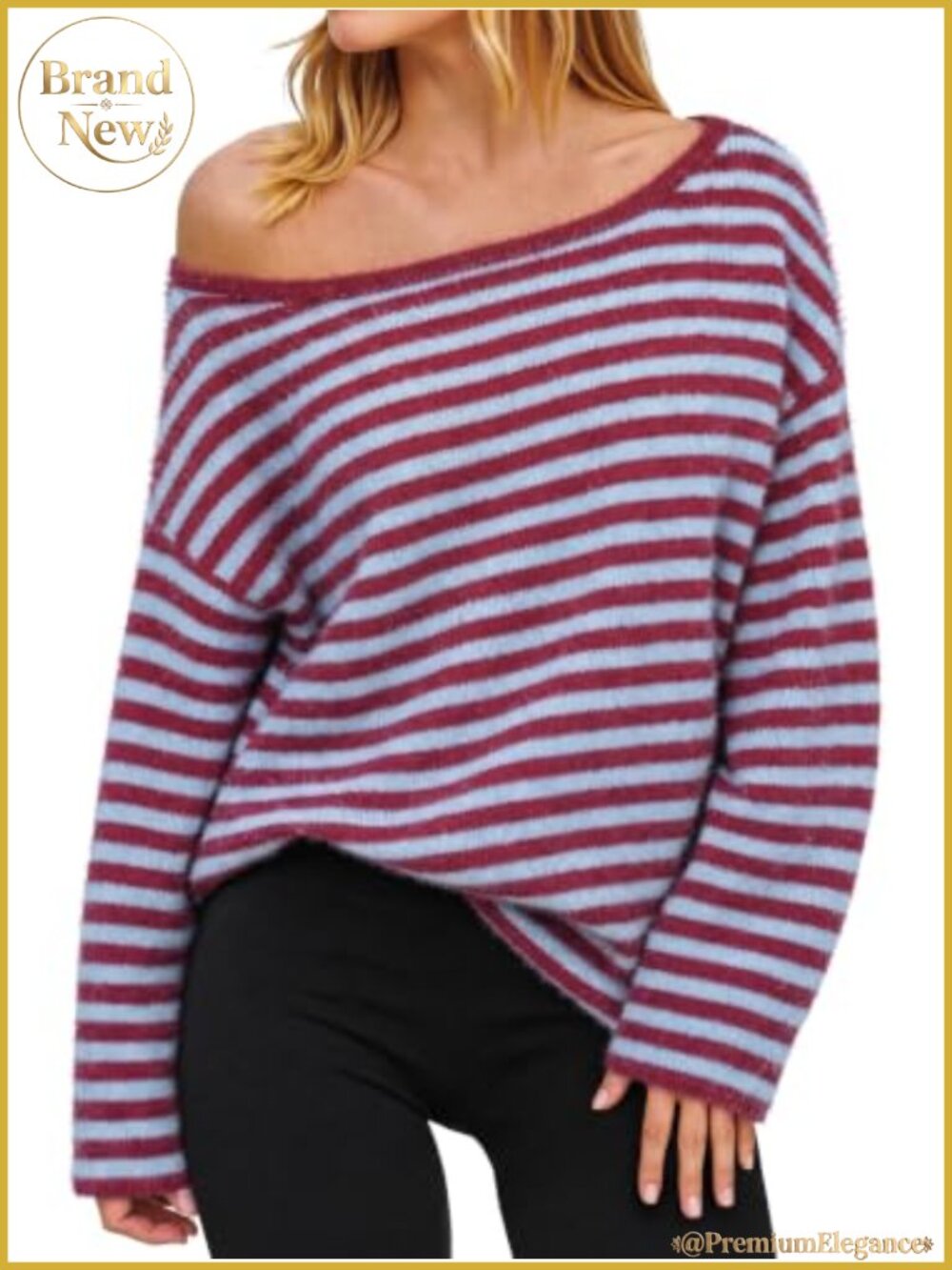 Off Shoulder Striped Knit Pullover Sweater for Women Casual Loose Fit Long